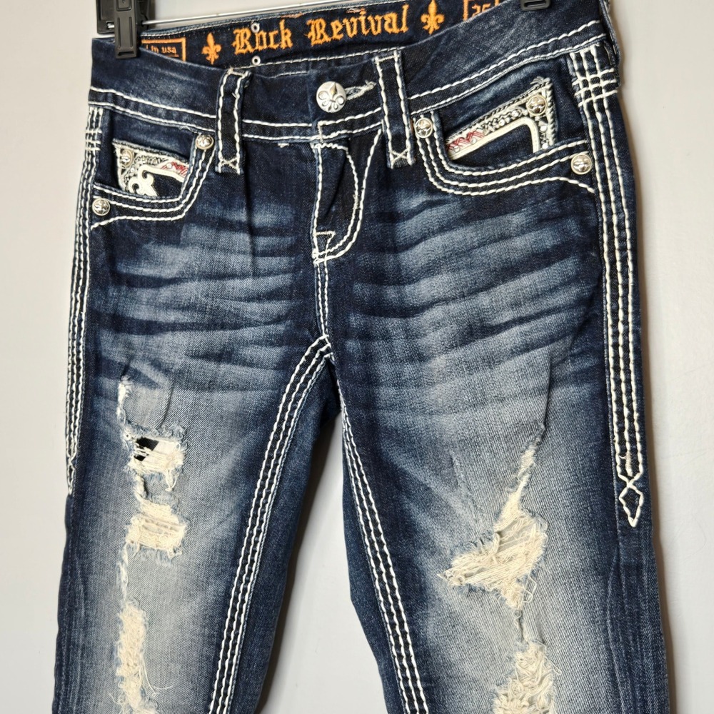 Rock Revival Womens Noelle‎ Capri distressed Jeans Dark Wash Embellished Sz 25 - Picture 4 of 14